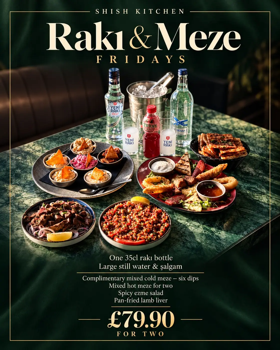 Rakı bottles, chilled glasses and hot and cold meze arranged for a Friday meal for two